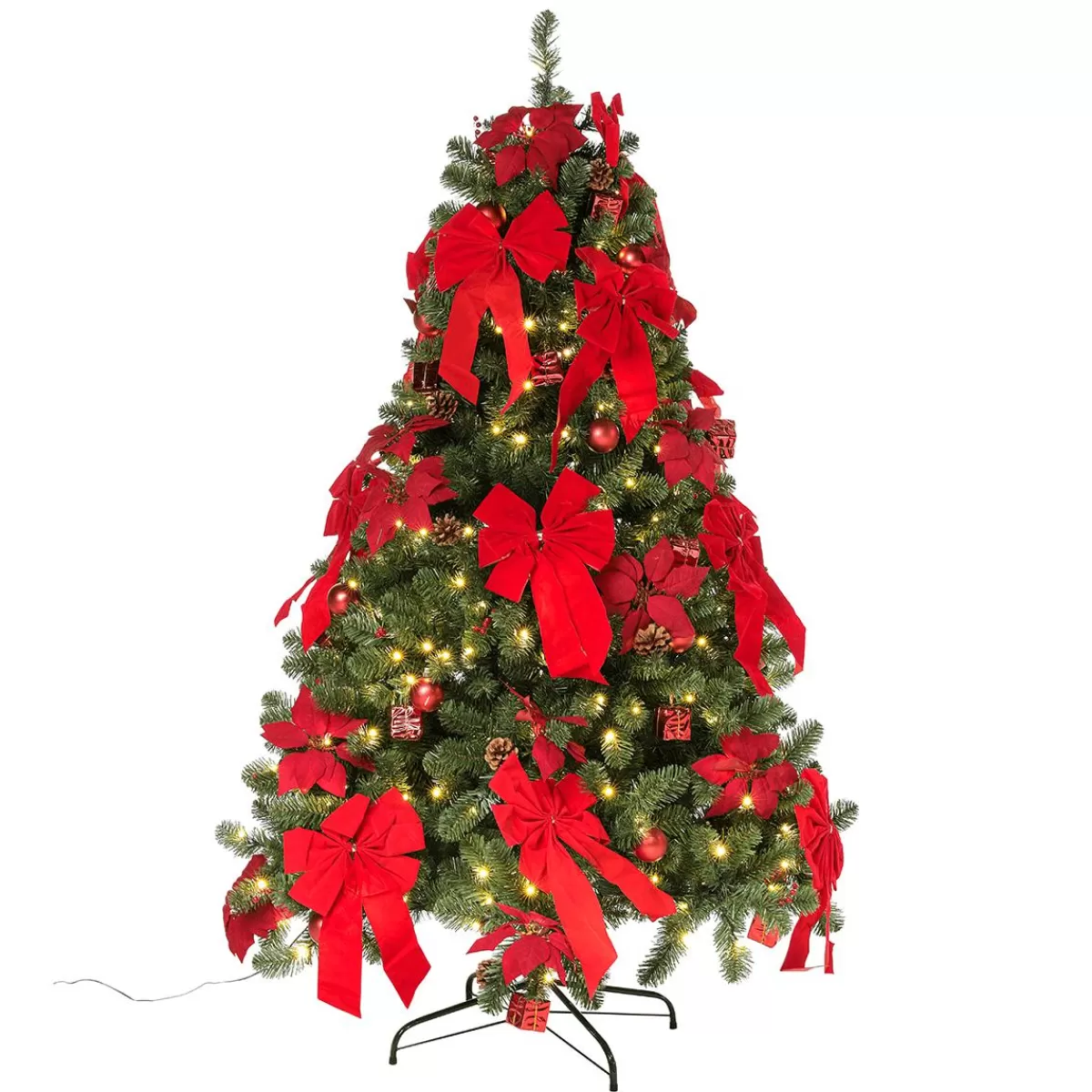 DecoWoerner Artificial Christmas Tree Decorated With LED, Christmas Baubles, Bows, Poinsettias And Small Gifts 180 Cm