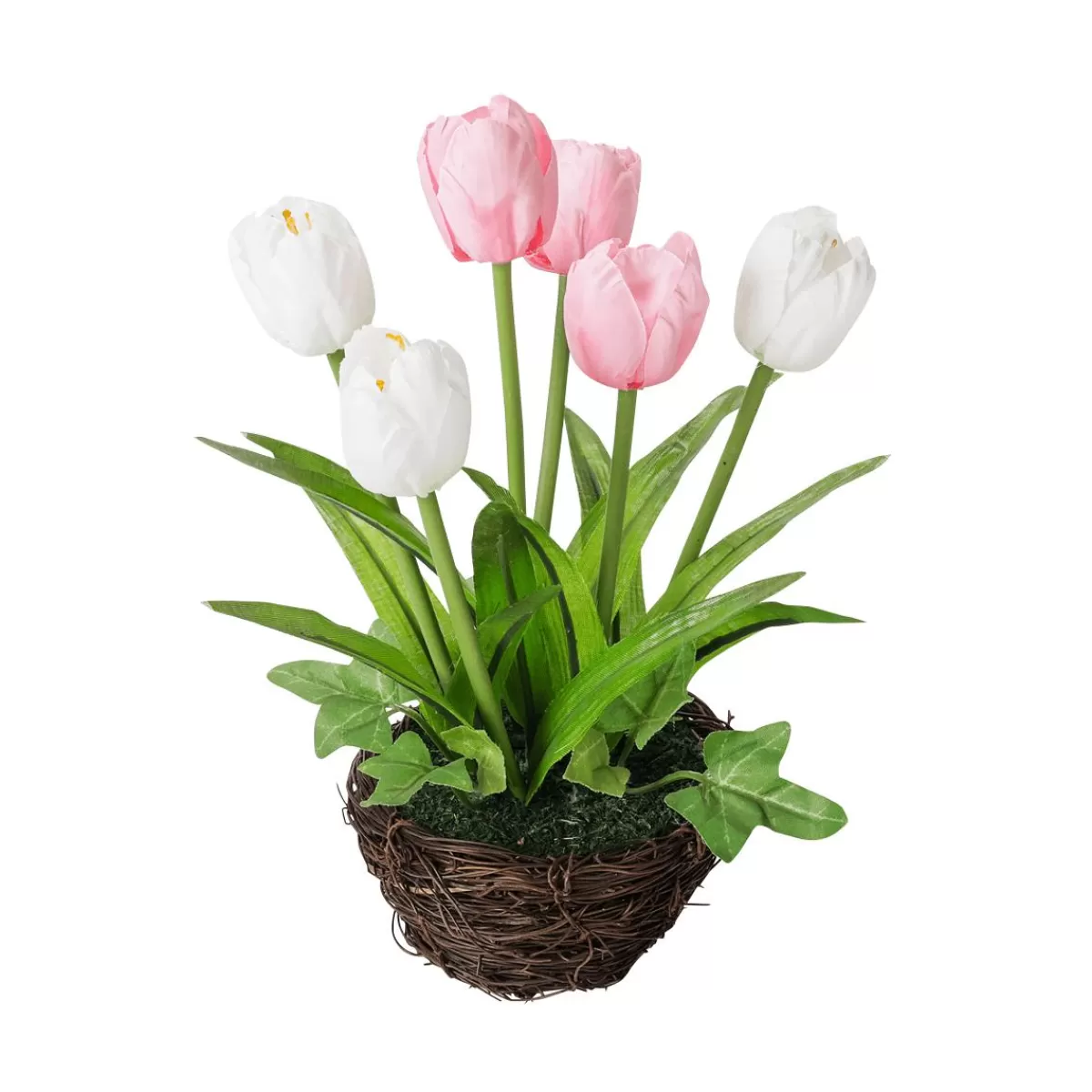 DecoWoerner Artificial Tulips In Basket - White, 20 Cm