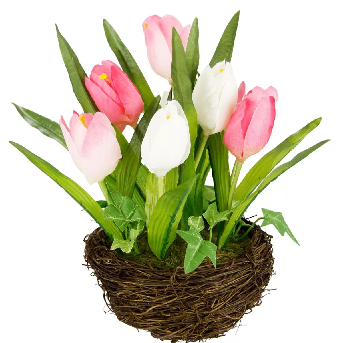 DecoWoerner Artificial Tulips In Basket - White, 25 Cm