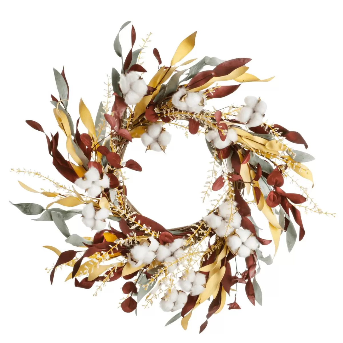 DecoWoerner Autumn Decorative Wreath "Cotton Flower Grass Mix" Ø 56 Cm