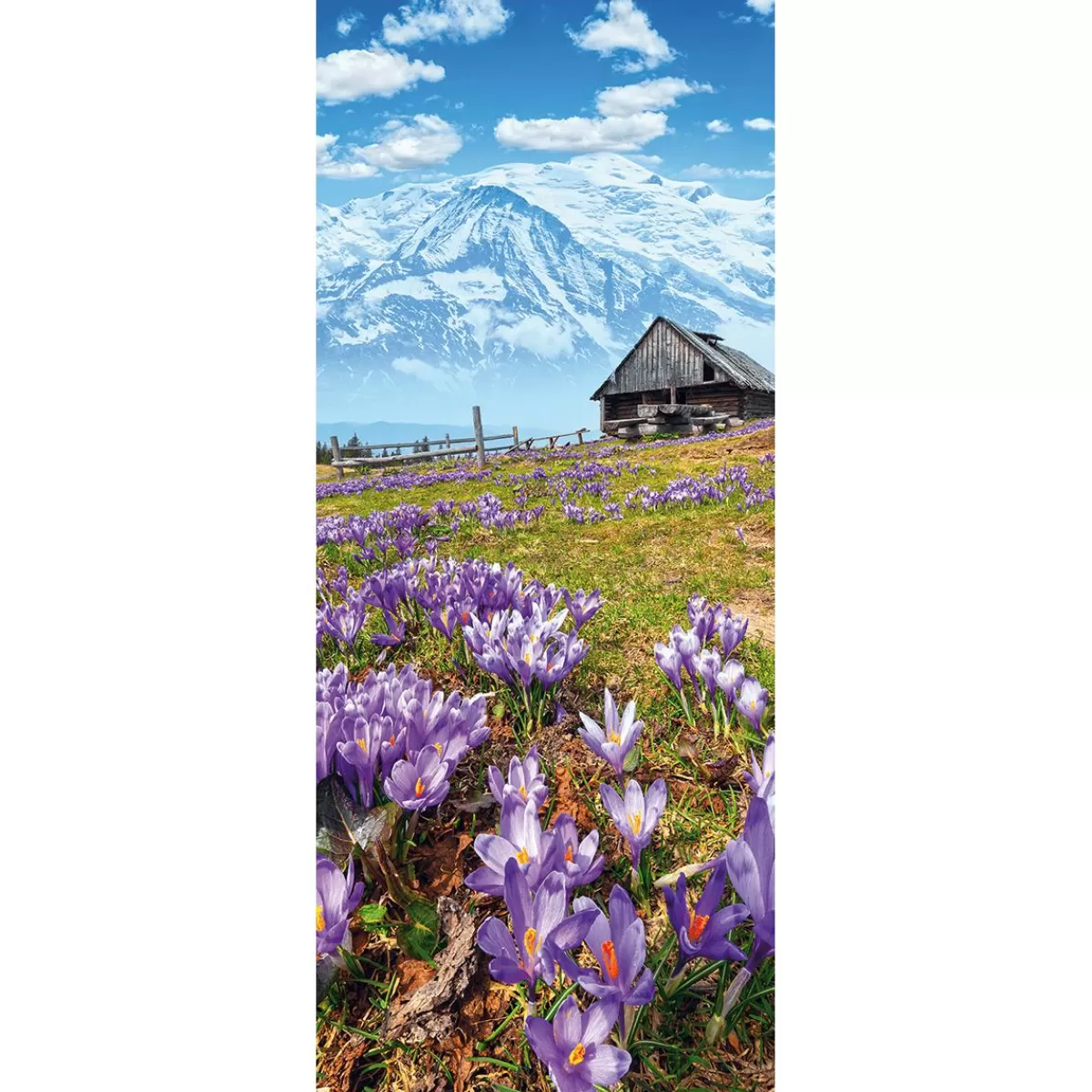 DecoWoerner Flame Retardant Fabric Banner "Alpine Hut, Mountains And Purple Crocuses" Made Of Flag Fabric 75 X 180 Cm