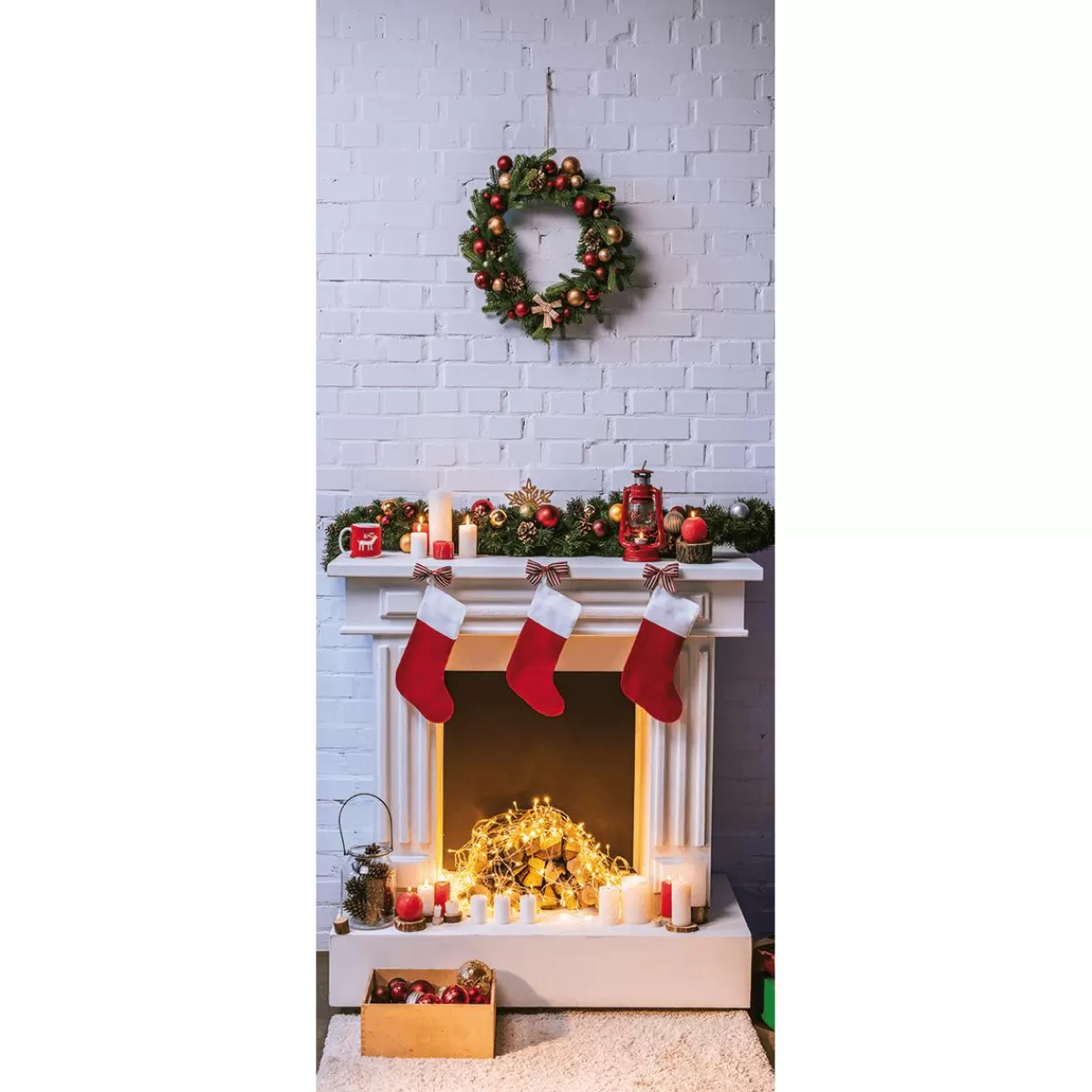 DecoWoerner Flame Retardant Fabric Banner "Christmas Fireplace And Wreath" Made Of Flag Fabric 75 X 180 Cm