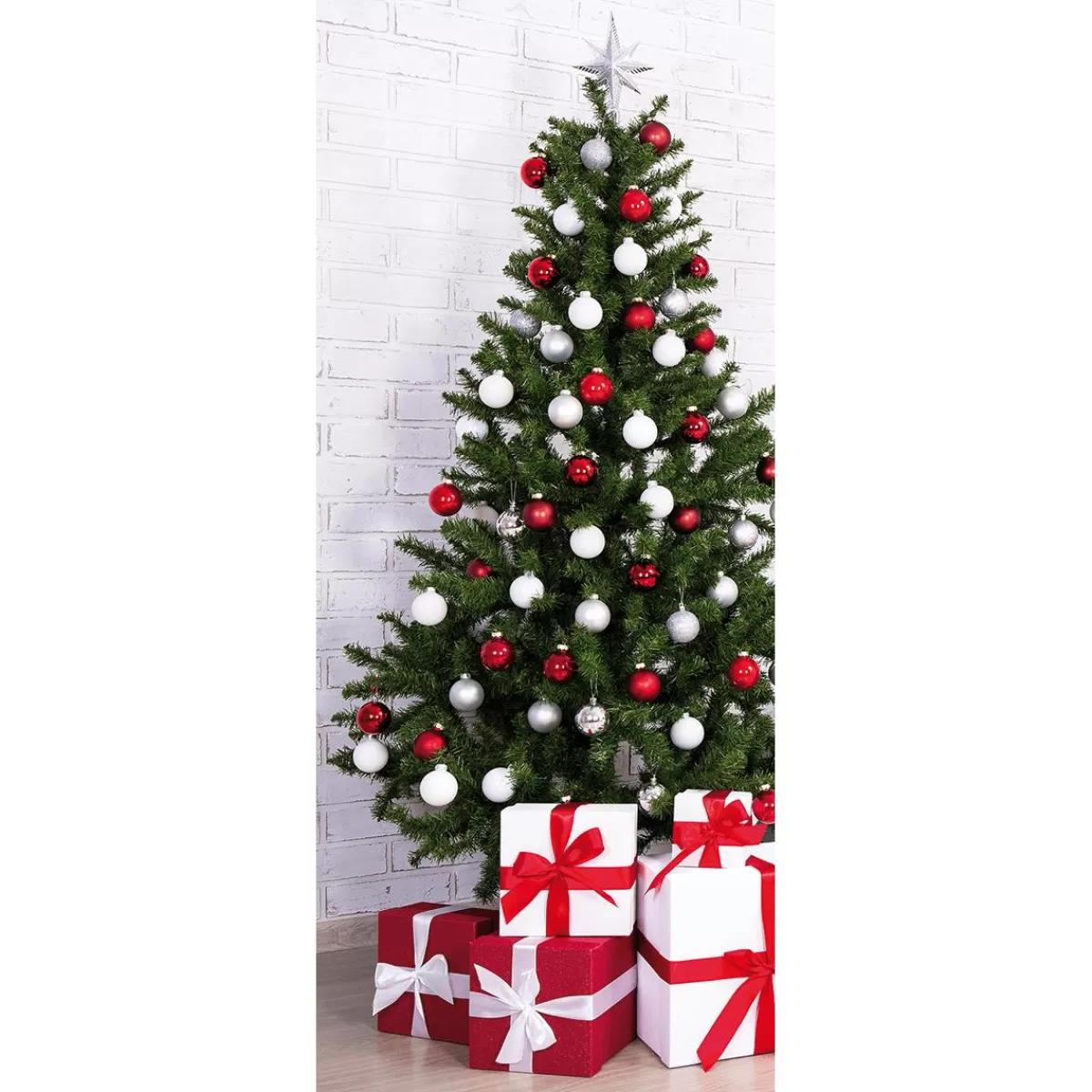 DecoWoerner Flame Retardant Fabric Banner "Christmas Tree In Red And White" Made Of Flag Fabric 75 X 180 Cm