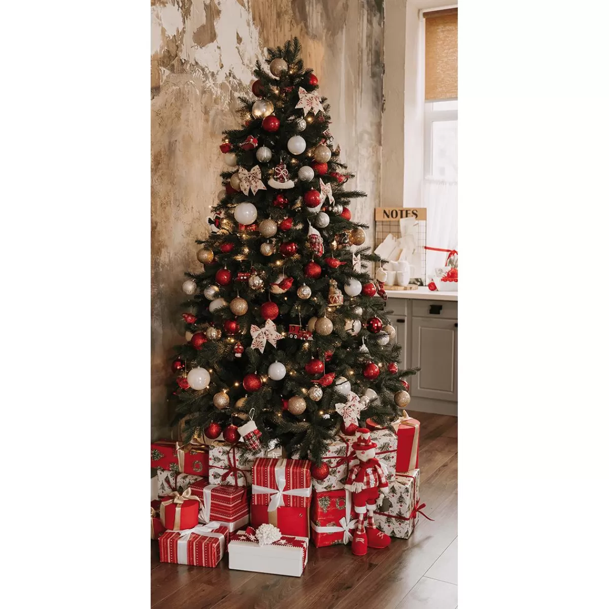 DecoWoerner Flame Retardant Fabric Banner "Christmas Tree With Red And White Presents" Made Of Flag Fabric 100 X 200 Cm