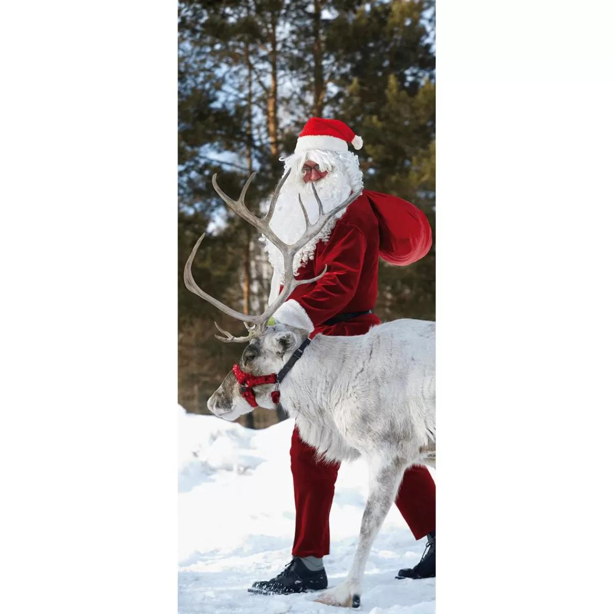 DecoWoerner Flame Retardant Fabric Banner "Father Christmas With Reindeer" Made Of Flag Fabric 75 X 180 Cm