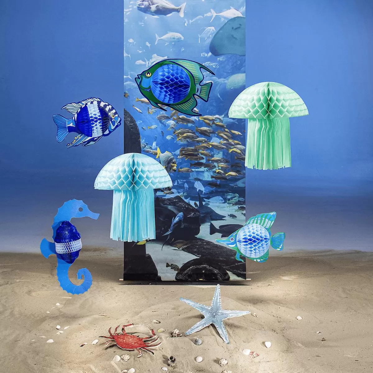 DecoWoerner Flame Retardant Fabric Banner "Underwater Landscape In The Aquarium" Made Of Flag Fabric 75 X 180 Cm