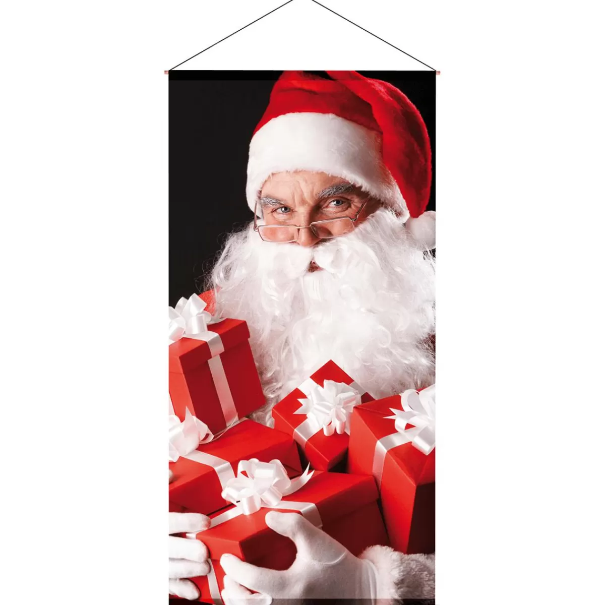 DecoWoerner Flame-retardant Fabric Banner "Father Christmas With And White Presents" Made Of Flag Fabric 100 X 200