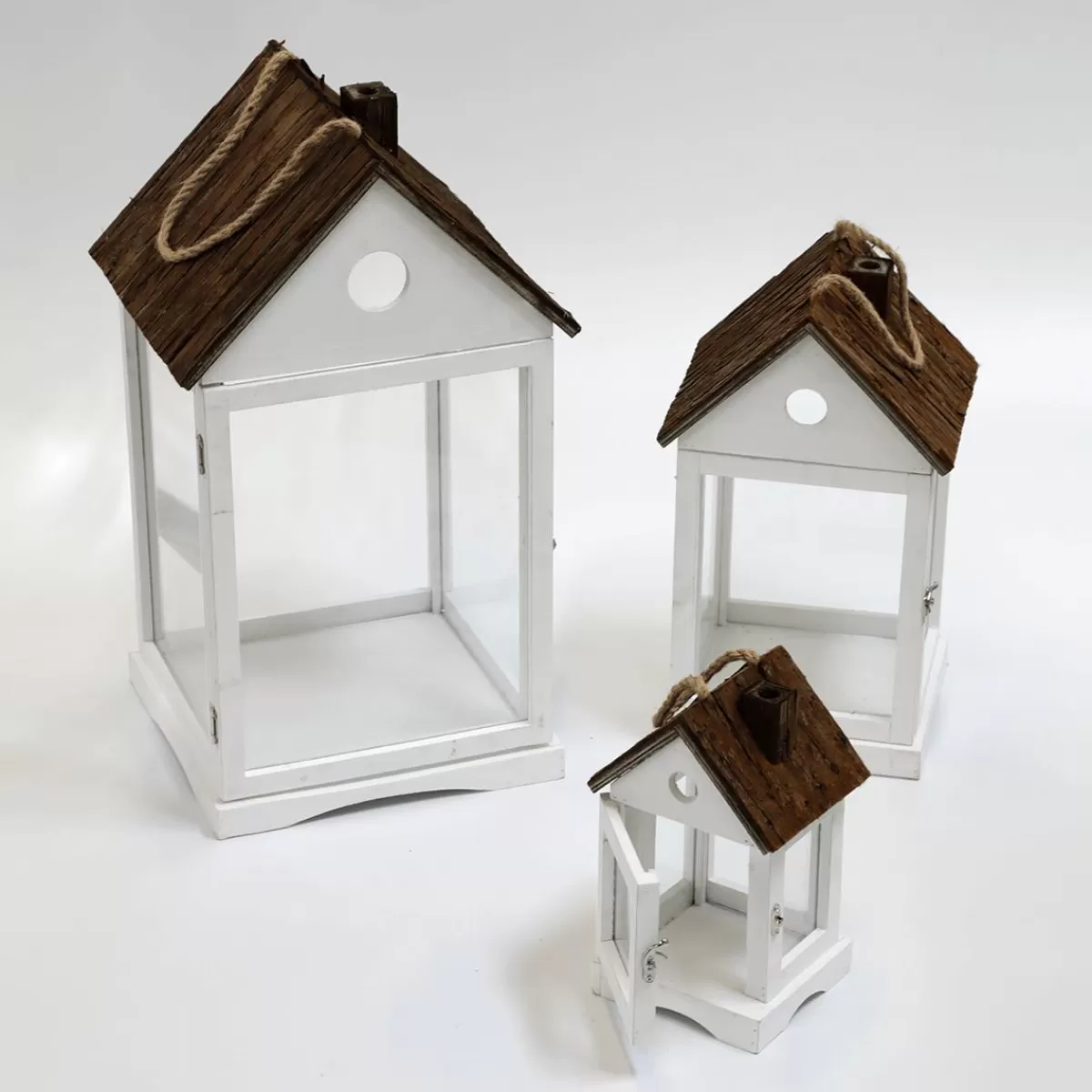 DecoWoerner Lantern Wooden Houses Set 3 Pieces Brown