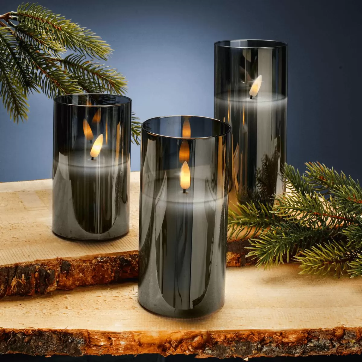 DecoWoerner LED Wax Candle Set In Glass 3 Pieces Smoke 7,5 Cm Ø 17,50 Cm