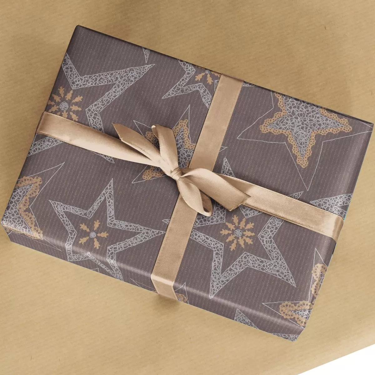 DecoWoerner Recycled Dark Kraft Paper With Silver Stars - 50m Wrapping Paper Roll