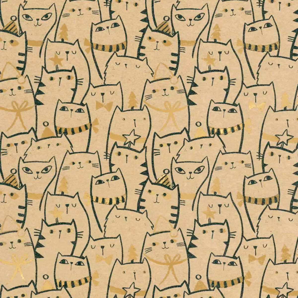 DecoWoerner Recycled Kraft Paper With Cats & Golden Details - 50 M Wrapping Paper Roll