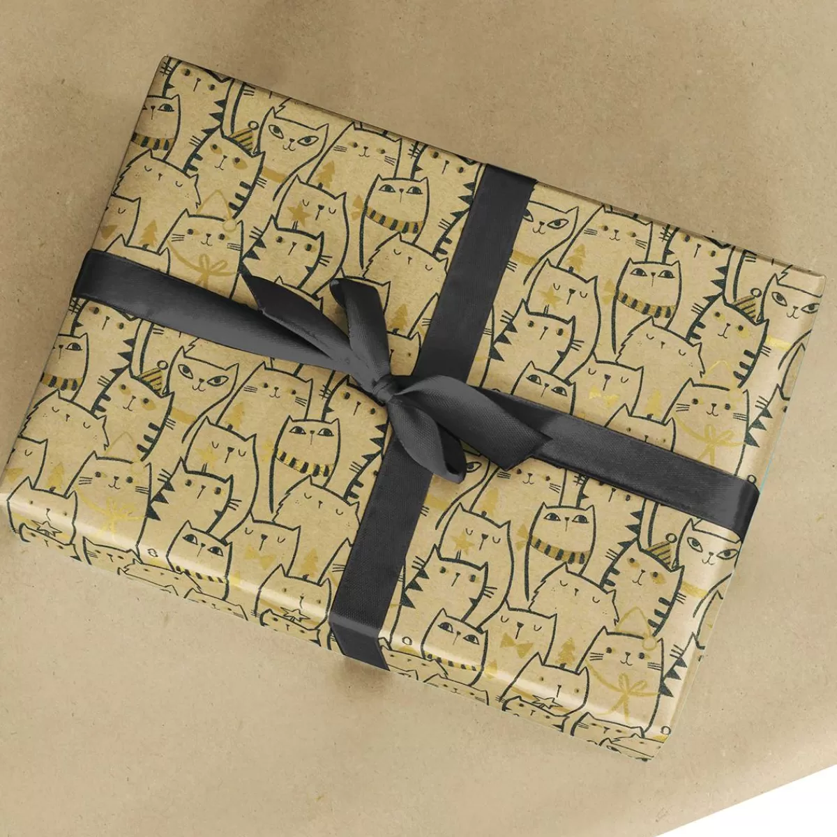 DecoWoerner Recycled Kraft Paper With Cats & Golden Details - 50 M Wrapping Paper Roll