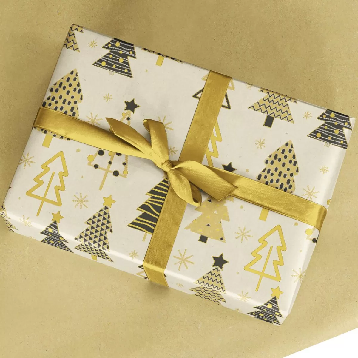 DecoWoerner Recycled Kraft Paper With Christmas Trees In Beige, Black & Gold - 50 M Wrapping Paper Roll