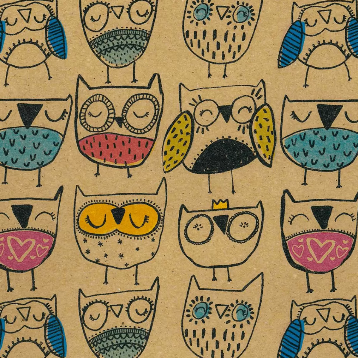 DecoWoerner Recycled Kraft Paper With Colourful Owls - 50 M Wrapping Paper Roll