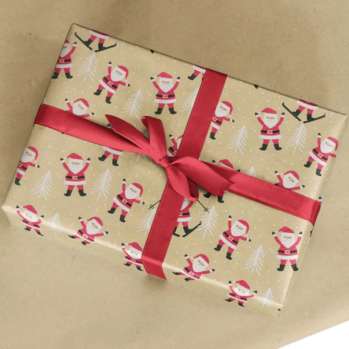 DecoWoerner Recycled Kraft Paper With Father Christmases & White Fir Trees - 50 M Roll Of Wrapping Paper