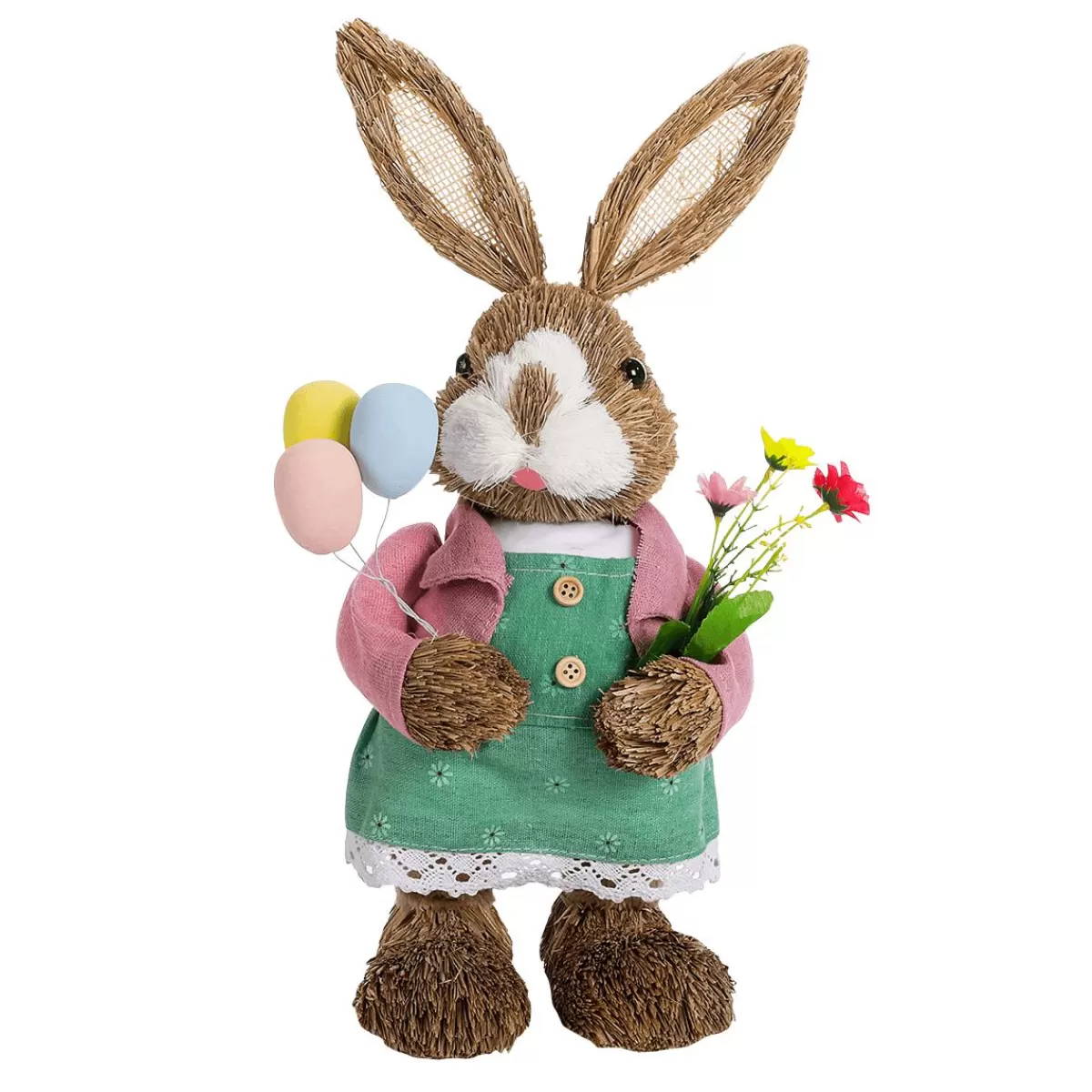 DecoWoerner Sisal Easter Bunny Girl Dressed With Easter Eggs And Artificial Flowers 37 Cm