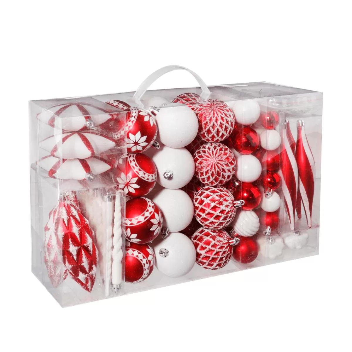 DecoWoerner XXL Plastic Christmas Ball Set 100pcs White 3 - 14 Cm Long & 3 - 6 Cm Ø With Metal Hanger