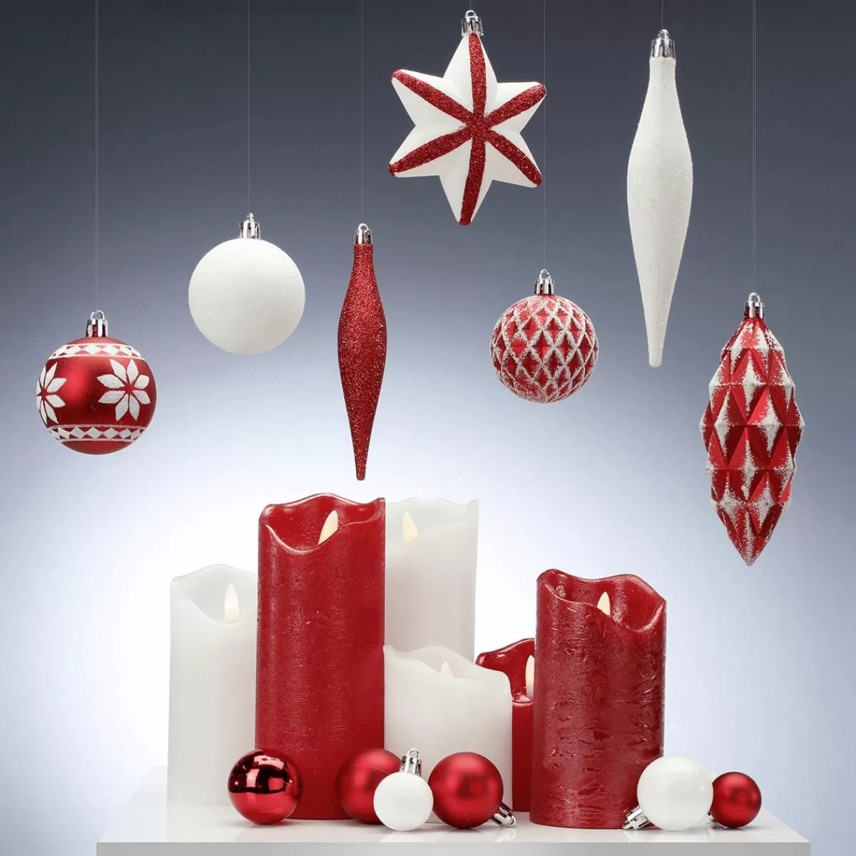 DecoWoerner XXL Plastic Christmas Ball Set 100pcs White 3 - 14 Cm Long & 3 - 6 Cm Ø With Metal Hanger